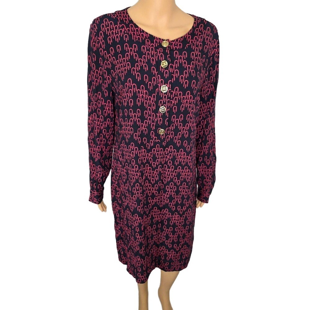 Jaclyn Smith Pink Black‎ Button Long Sleeve Knee Length Dress Large